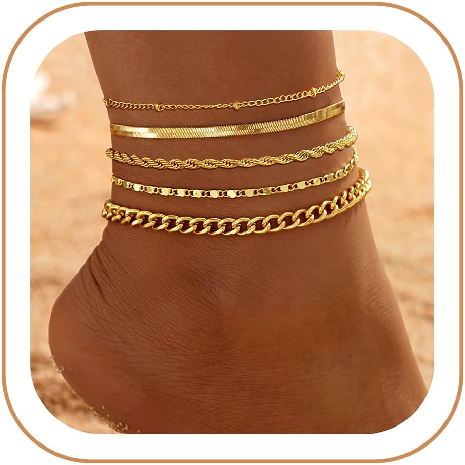 iF YOU Gold Ankle Bracelets for Women, 14k Gold Plated Waterproof Cuban Link Chain Anklets Set, Layered Anklet Bracelets for Women Beach Gift Adjustable Size 5pcs