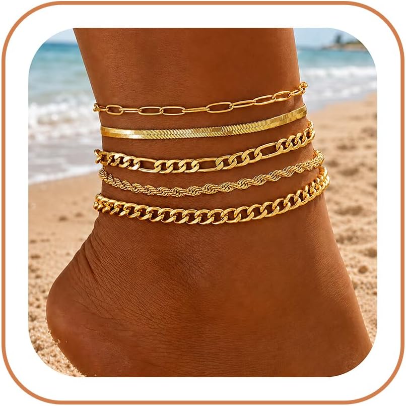 iF YOU Gold Ankle Bracelets for Women, 14k Gold Plated Waterproof Cuban Link Chain Anklets Set, Layered Anklet Bracelets for Women Beach Gift Adjustable Size 5pcs