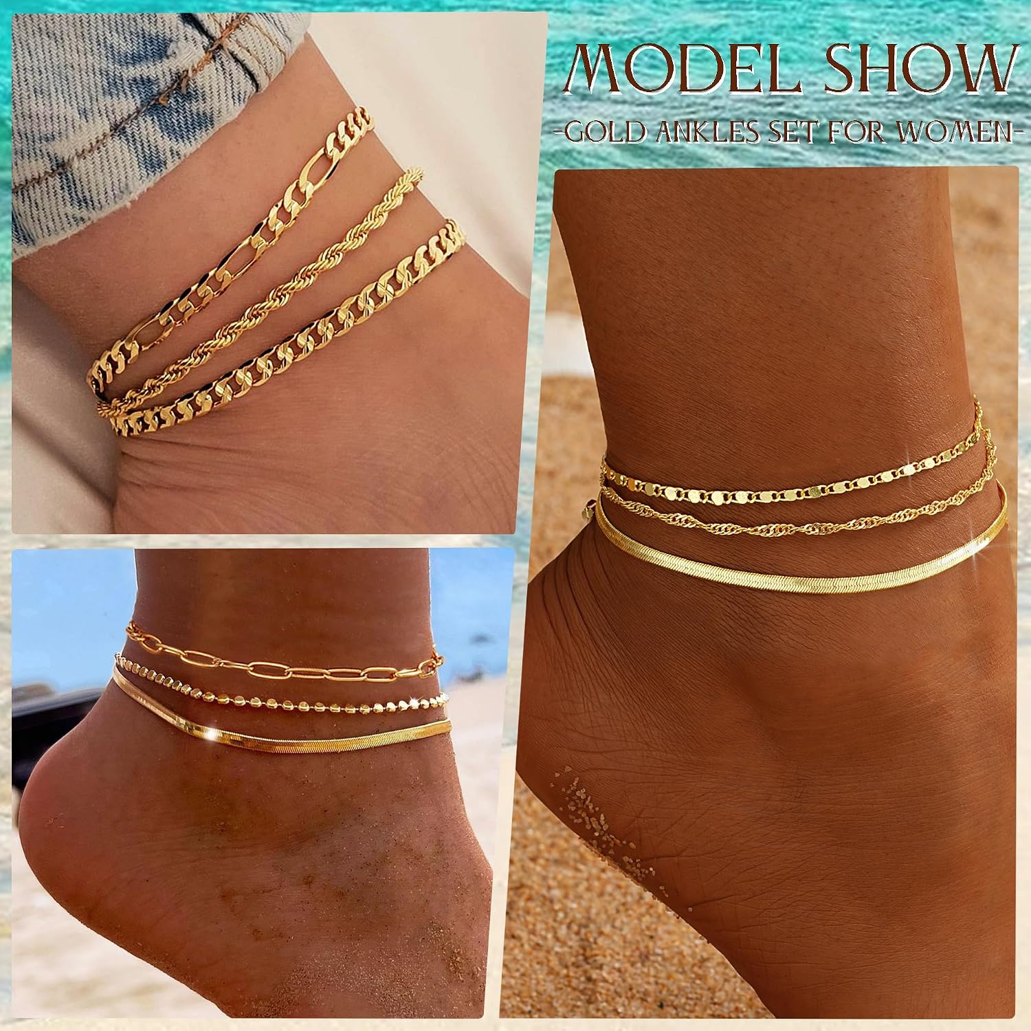 iF YOU Gold Ankle Bracelets for Women, 14k Gold Plated Waterproof Cuban Link Chain Anklets Set, Layered Anklet Bracelets for Women Beach Gift Adjustable Size 5pcs