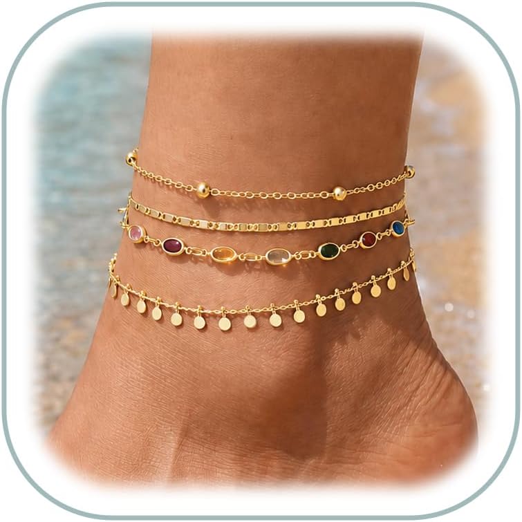 iF YOU Gold Ankle Bracelets for Women, 14k Gold Plated Waterproof Cuban Link Chain Anklets Set, Layered Anklet Bracelets for Women Beach Gift Adjustable Size 5pcs