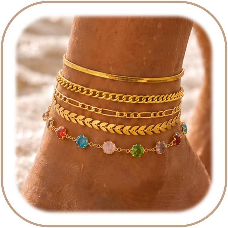 iF YOU Gold Ankle Bracelets for Women, 14k Gold Plated Waterproof Cuban Link Chain Anklets Set, Layered Anklet Bracelets for Women Beach Gift Adjustable Size 5pcs