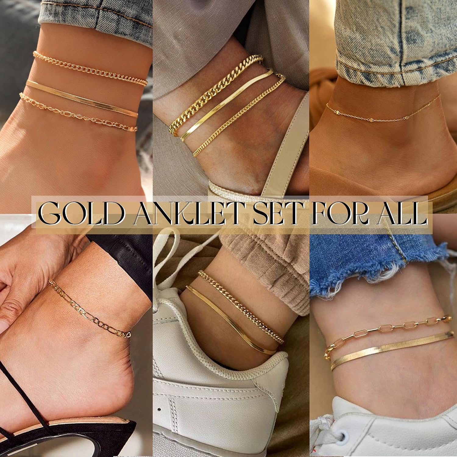 iF YOU Gold Ankle Bracelets for Women, 14k Gold Plated Waterproof Cuban Link Chain Anklets Set, Layered Anklet Bracelets for Women Beach Gift Adjustable Size 5pcs