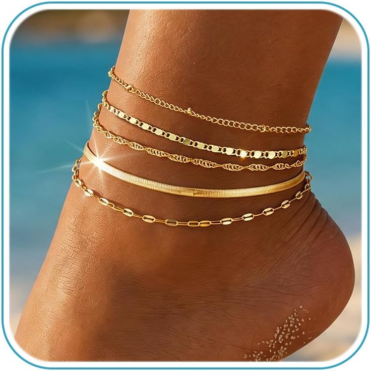 iF YOU Gold Ankle Bracelets for Women, 14k Gold Plated Waterproof Cuban Link Chain Anklets Set, Layered Anklet Bracelets for Women Beach Gift Adjustable Size 5pcs