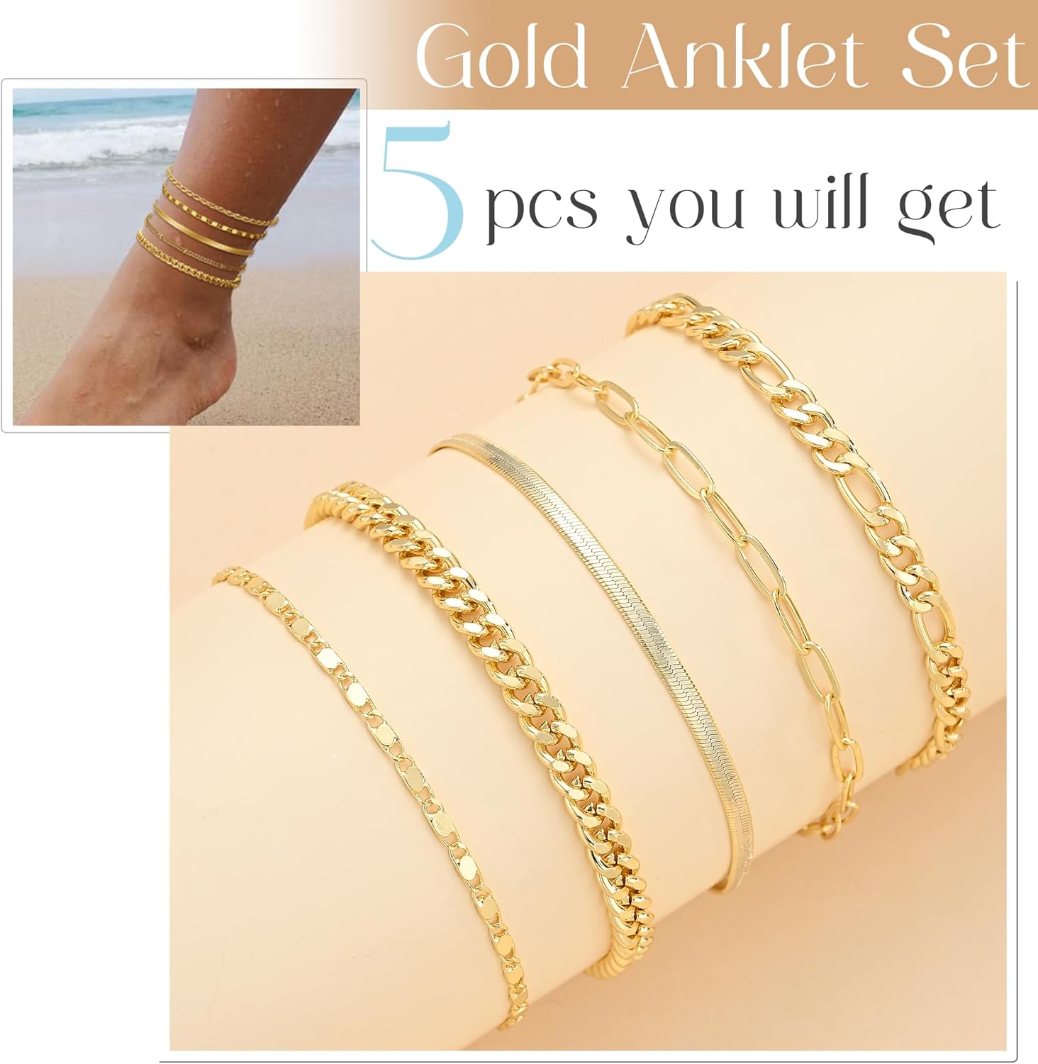 iF YOU Gold Ankle Bracelets for Women, 14k Gold Plated Waterproof Cuban Link Chain Anklets Set, Layered Anklet Bracelets for Women Beach Gift Adjustable Size 5pcs