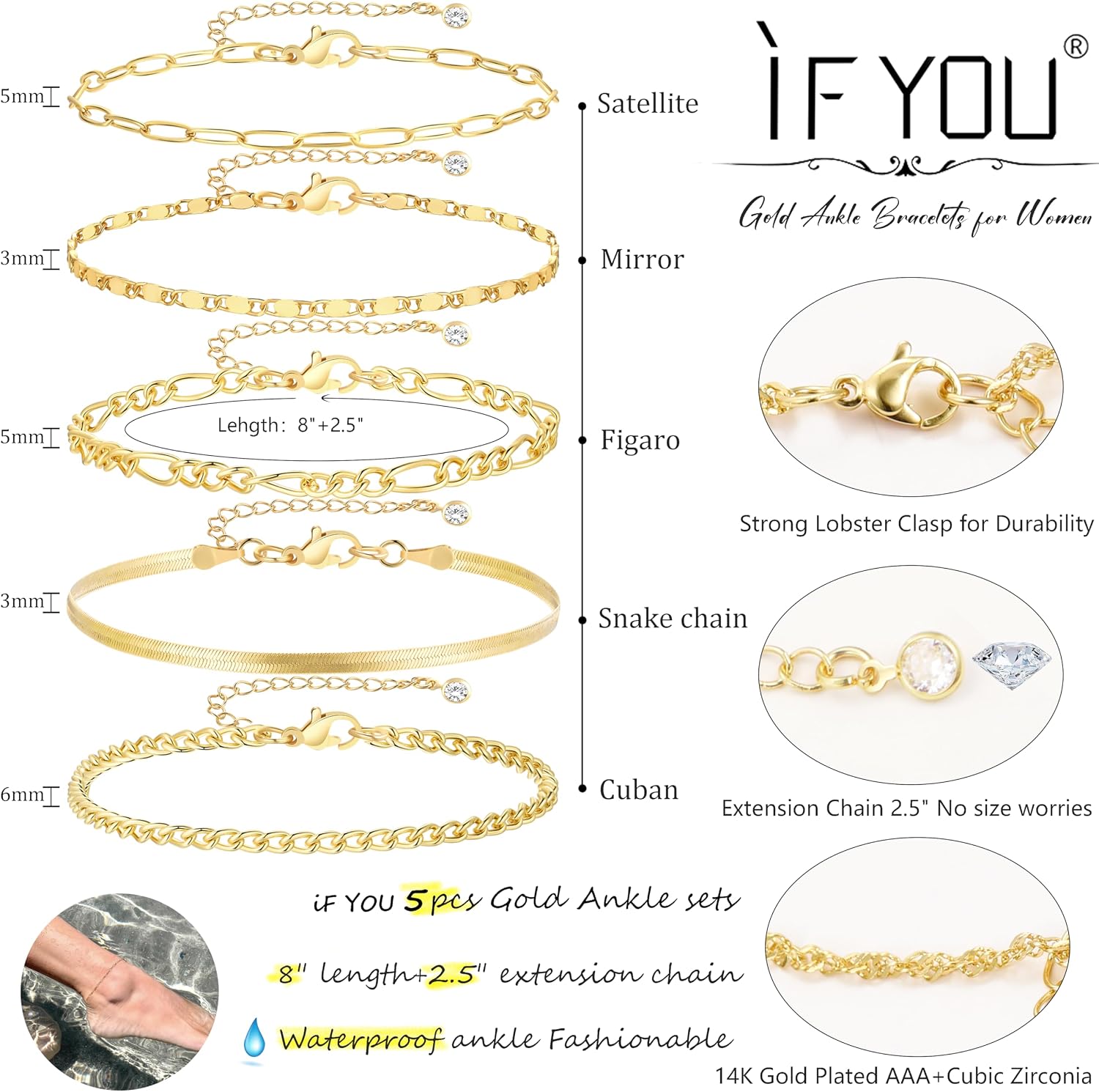 iF YOU Gold Ankle Bracelets for Women, 14k Gold Plated Waterproof Cuban Link Chain Anklets Set, Layered Anklet Bracelets for Women Beach Gift Adjustable Size 5pcs