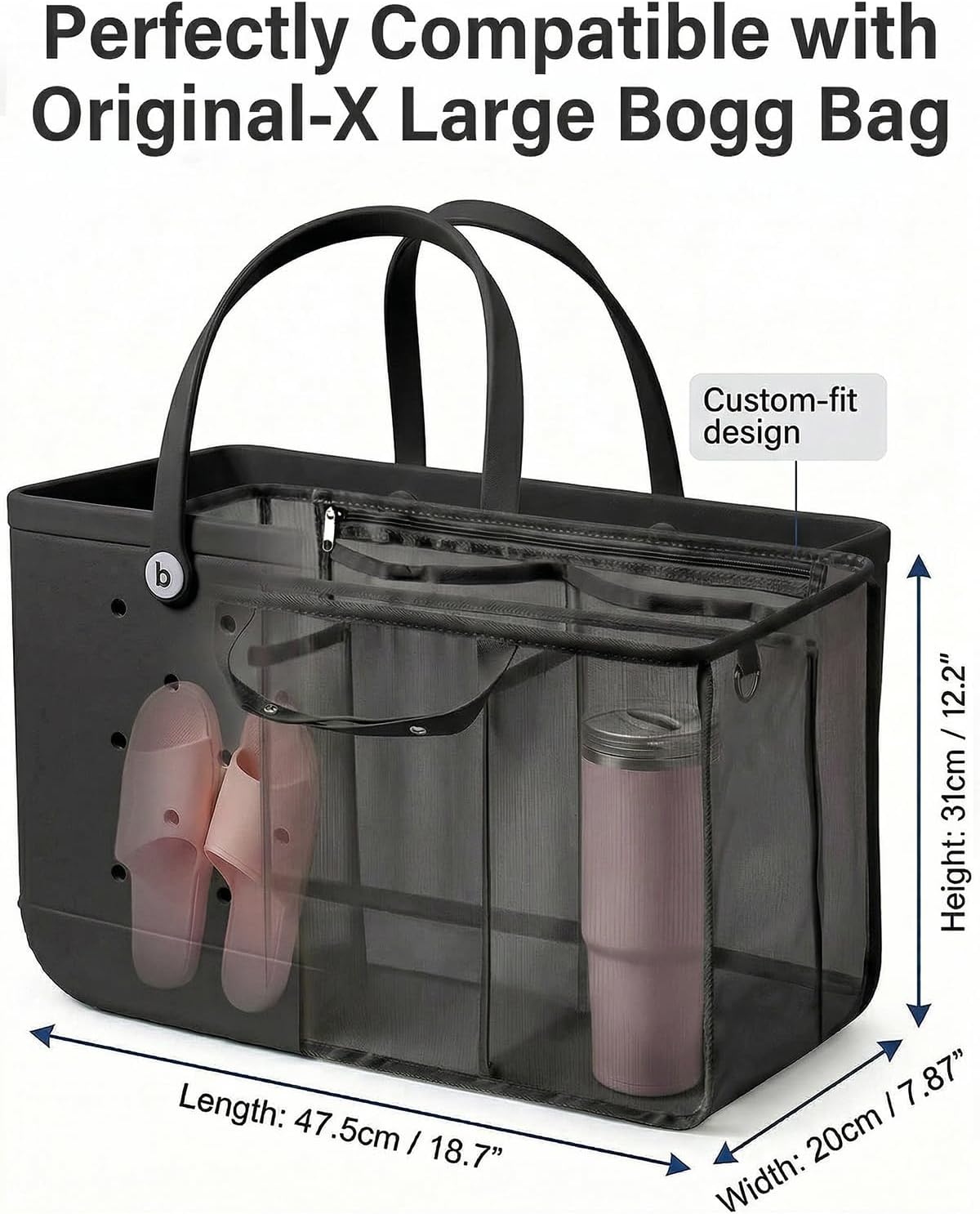 LETGO Beach Bag Organizer Compatible with X Large Bogg Bag Accessories Inserts,Lightweight Mesh Insert Divider Pouch for Original XL Bogg Bags,Beach Tote Bags Insert,Black,X-Large
