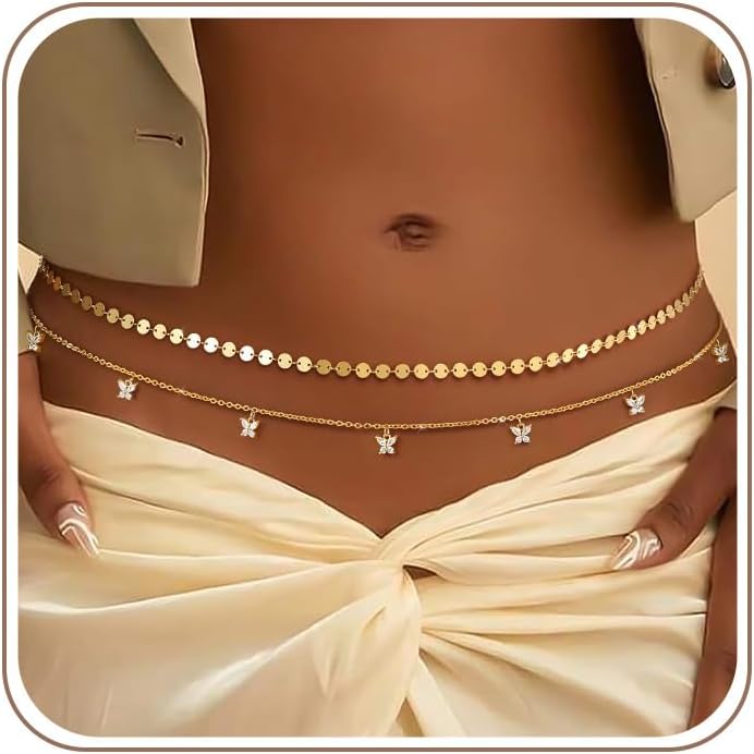 MOYAONE Waist Chain for Women Belly Chain Waist Beads Body Chain | 14K Gold Plated Chain Belts, Waterproof Non Tarnish Body Jewelry, Dainty Sexy Gift for Her, Layered Summer Beach Accessories