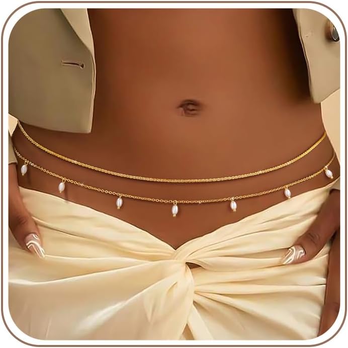 MOYAONE Waist Chain for Women Belly Chain Waist Beads Body Chain | 14K Gold Plated Chain Belts, Waterproof Non Tarnish Body Jewelry, Dainty Sexy Gift for Her, Layered Summer Beach Accessories