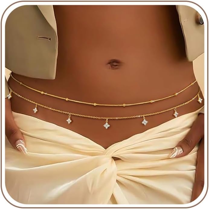 MOYAONE Waist Chain for Women Belly Chain Waist Beads Body Chain | 14K Gold Plated Chain Belts, Waterproof Non Tarnish Body Jewelry, Dainty Sexy Gift for Her, Layered Summer Beach Accessories