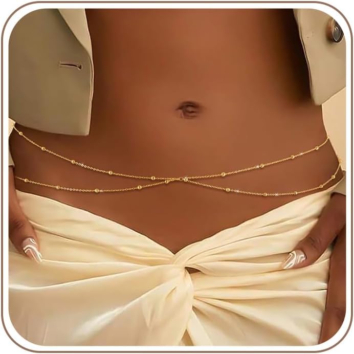 MOYAONE Waist Chain for Women Belly Chain Waist Beads Body Chain | 14K Gold Plated Chain Belts, Waterproof Non Tarnish Body Jewelry, Dainty Sexy Gift for Her, Layered Summer Beach Accessories