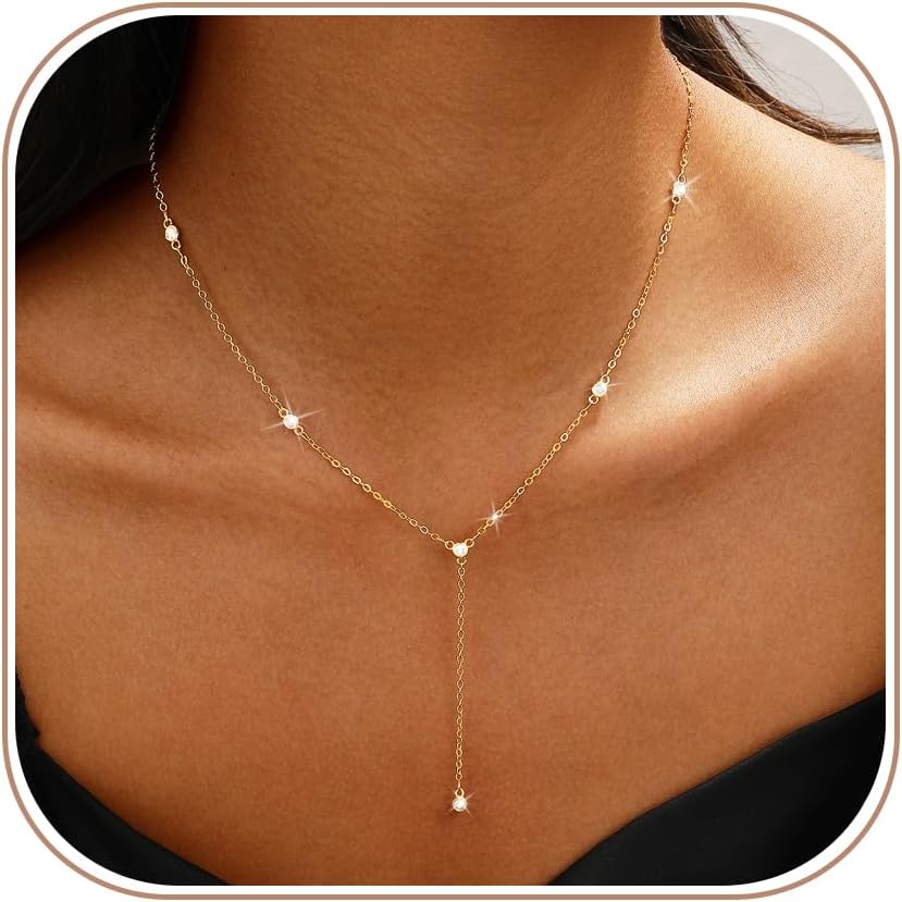 Remmocy Gold/Silver Necklace for Women 14K Gold/Silver Plated Long CZ Necklaces Layered Lariat Chain Beach Choker Trendy Stuff Simple Cute Accessories Gifts Prom Formal Jewelry