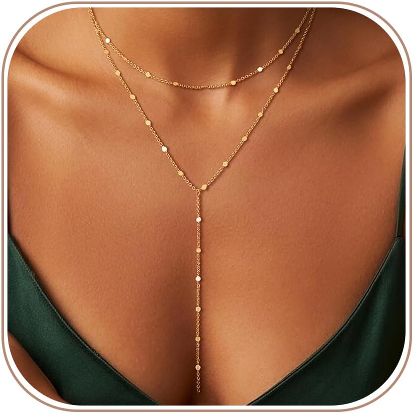 Remmocy Gold/Silver Necklace for Women 14K Gold/Silver Plated Long CZ Necklaces Layered Lariat Chain Beach Choker Trendy Stuff Simple Cute Accessories Gifts Prom Formal Jewelry