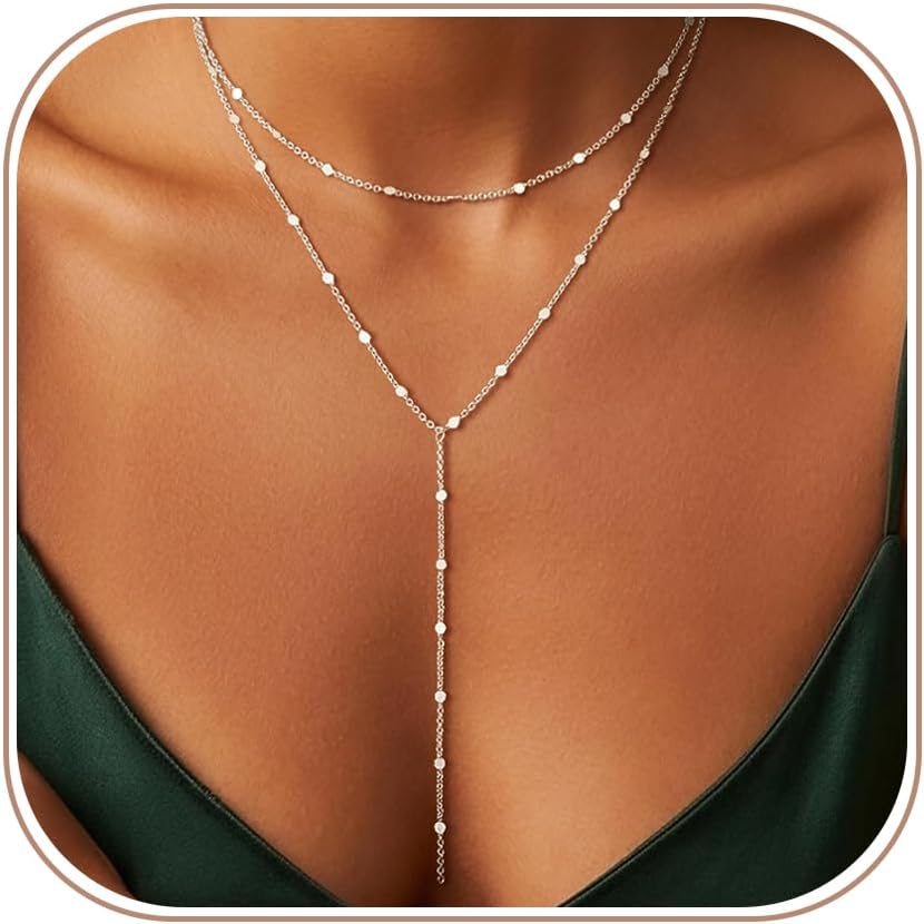 Remmocy Gold/Silver Necklace for Women 14K Gold/Silver Plated Long CZ Necklaces Layered Lariat Chain Beach Choker Trendy Stuff Simple Cute Accessories Gifts Prom Formal Jewelry
