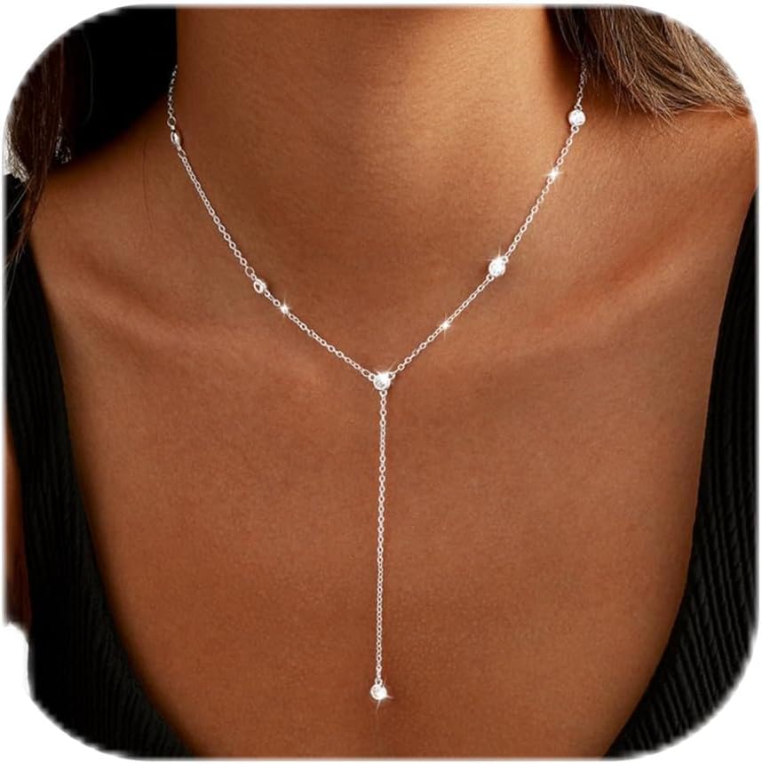 Remmocy Gold/Silver Necklace for Women 14K Gold/Silver Plated Long CZ Necklaces Layered Lariat Chain Beach Choker Trendy Stuff Simple Cute Accessories Gifts Prom Formal Jewelry