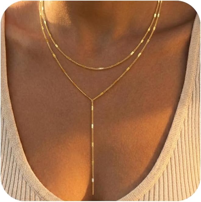 Remmocy Gold/Silver Necklace for Women 14K Gold/Silver Plated Long CZ Necklaces Layered Lariat Chain Beach Choker Trendy Stuff Simple Cute Accessories Gifts Prom Formal Jewelry