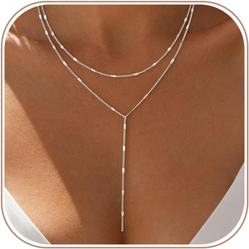 Remmocy Gold/Silver Necklace for Women 14K Gold/Silver Plated Long CZ Necklaces Layered Lariat Chain Beach Choker Trendy Stuff Simple Cute Accessories Gifts Prom Formal Jewelry