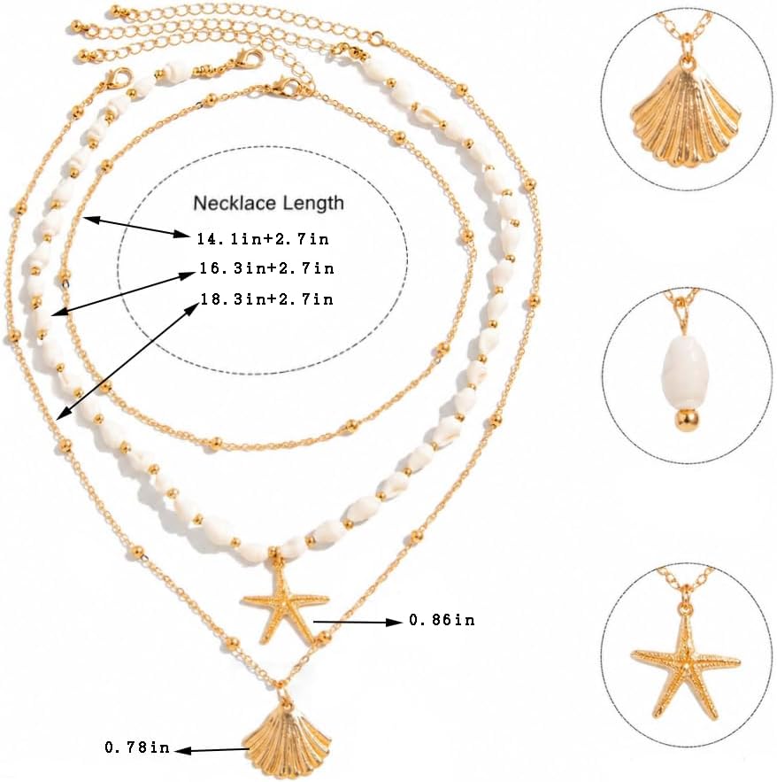 Shell Starfish Layered Necklace for Women, Boho Layered Gold Beaded Pearl Necklaces, Summer Beach Accessories, Non Tarnish Stacked Cute Hawaiian Jewelry, Birthday Gifts for Women