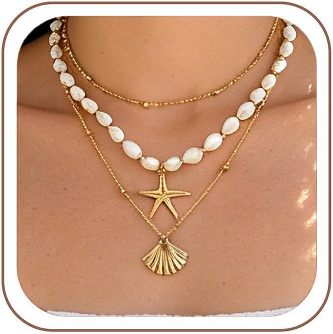 Shell Starfish Layered Necklace for Women, Boho Layered Gold Beaded Pearl Necklaces, Summer Beach Accessories, Non Tarnish Stacked Cute Hawaiian Jewelry, Birthday Gifts for Women