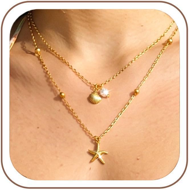 Shell Starfish Layered Necklace for Women, Boho Layered Gold Beaded Pearl Necklaces, Summer Beach Accessories, Non Tarnish Stacked Cute Hawaiian Jewelry, Birthday Gifts for Women