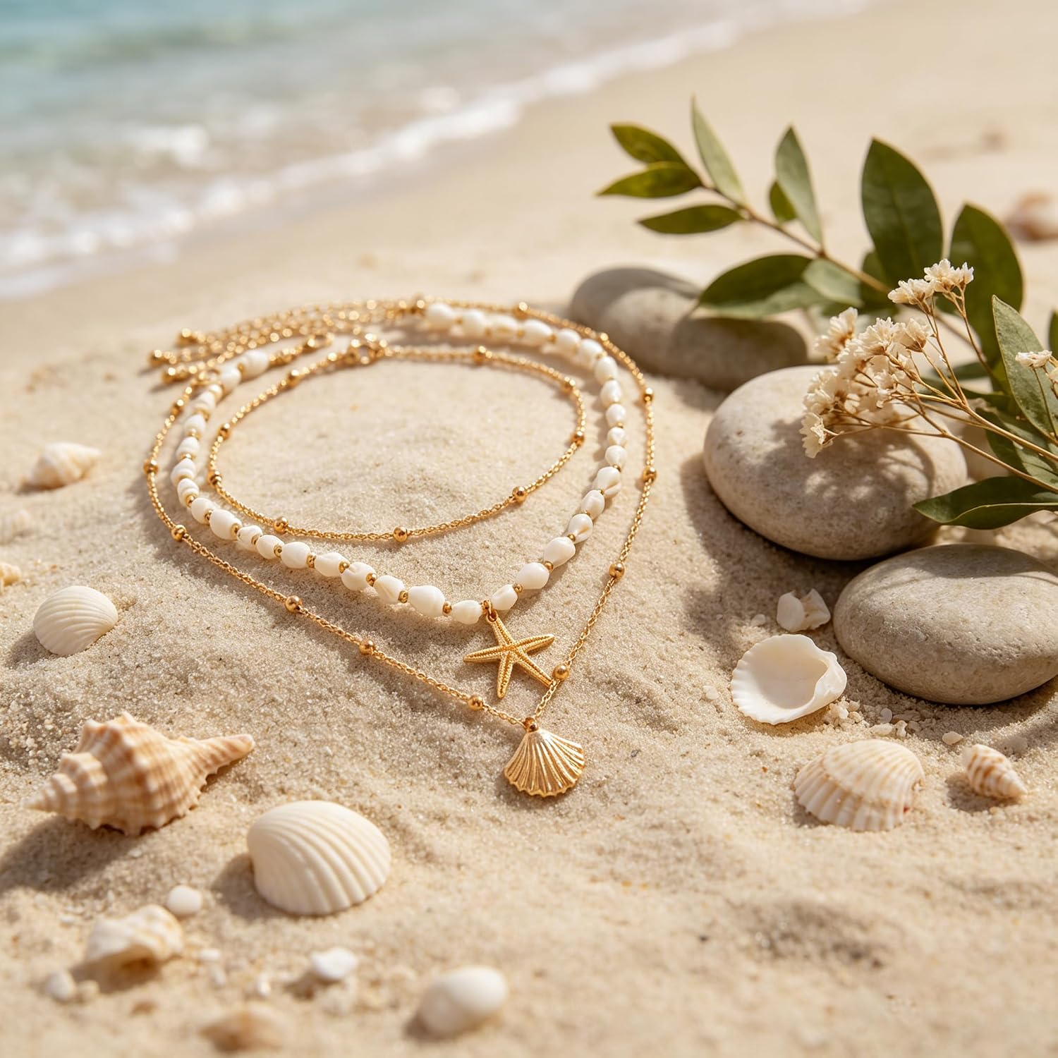 Shell Starfish Layered Necklace for Women, Boho Layered Gold Beaded Pearl Necklaces, Summer Beach Accessories, Non Tarnish Stacked Cute Hawaiian Jewelry, Birthday Gifts for Women