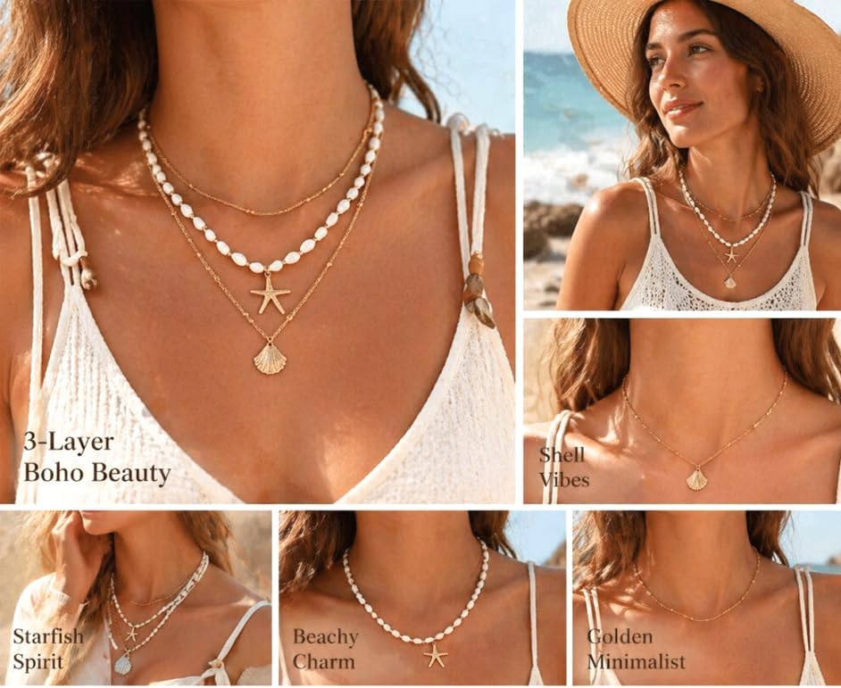 Shell Starfish Layered Necklace for Women, Boho Layered Gold Beaded Pearl Necklaces, Summer Beach Accessories, Non Tarnish Stacked Cute Hawaiian Jewelry, Birthday Gifts for Women