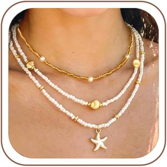Shell Starfish Layered Necklace for Women, Boho Layered Gold Beaded Pearl Necklaces, Summer Beach Accessories, Non Tarnish Stacked Cute Hawaiian Jewelry, Birthday Gifts for Women