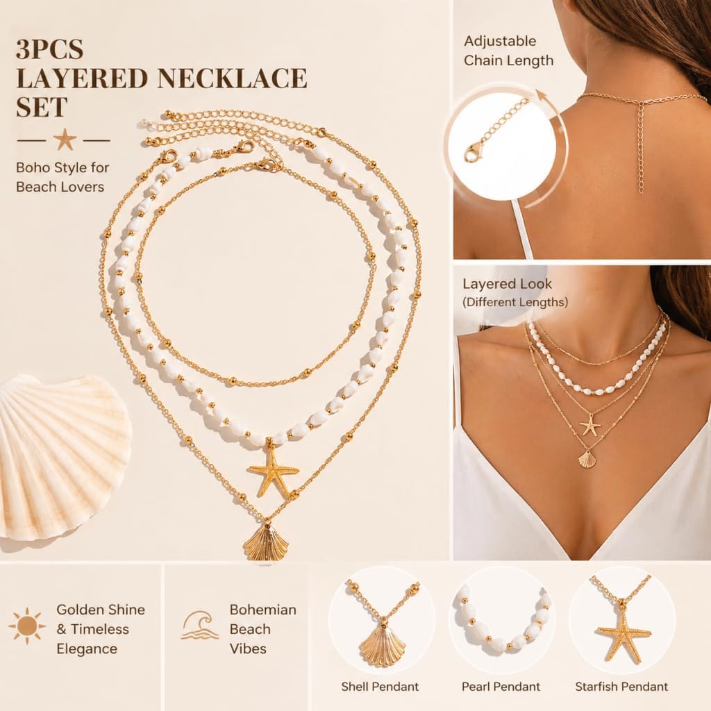 Shell Starfish Layered Necklace for Women, Boho Layered Gold Beaded Pearl Necklaces, Summer Beach Accessories, Non Tarnish Stacked Cute Hawaiian Jewelry, Birthday Gifts for Women