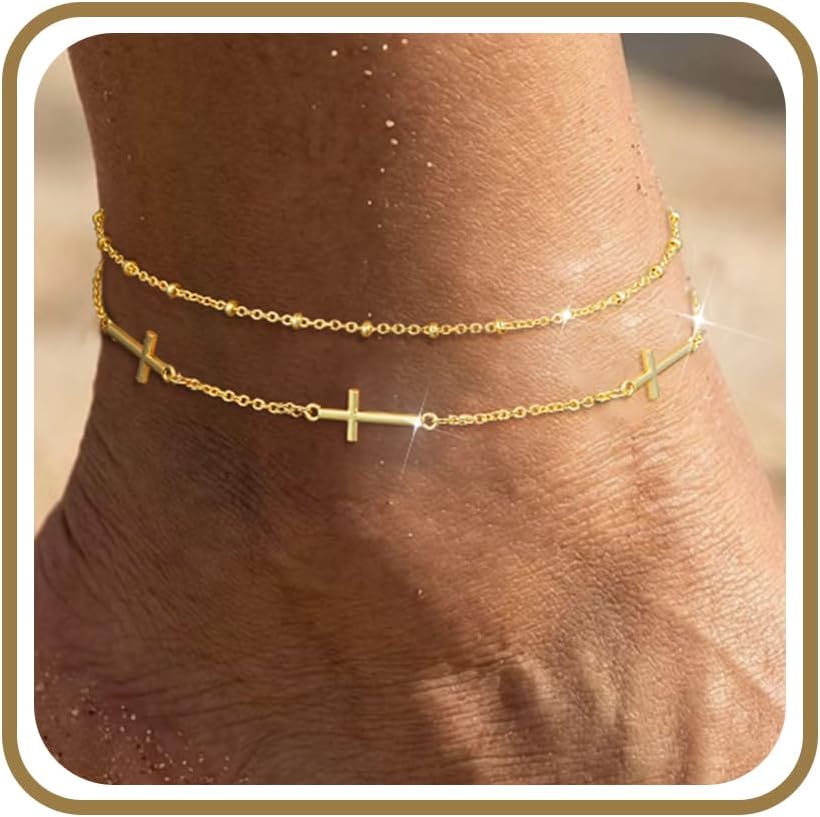 Suarlly Anklets for Women Waterproof 14K Gold Plated Beach Ankle Bracelets Dainty Summer Bow Clover Heart Evil Eye Anklet Non Tarnish Layered Beach Cz Jewelry Accessories for Women Trendy