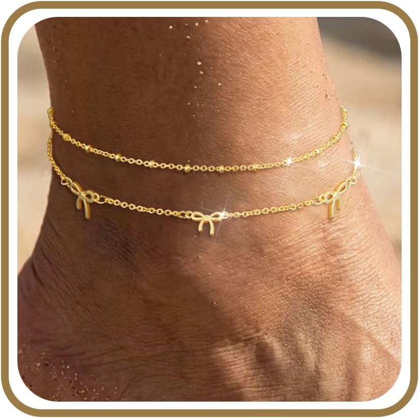 Suarlly Anklets for Women Waterproof 14K Gold Plated Beach Ankle Bracelets Dainty Summer Bow Clover Heart Evil Eye Anklet Non Tarnish Layered Beach Cz Jewelry Accessories for Women Trendy