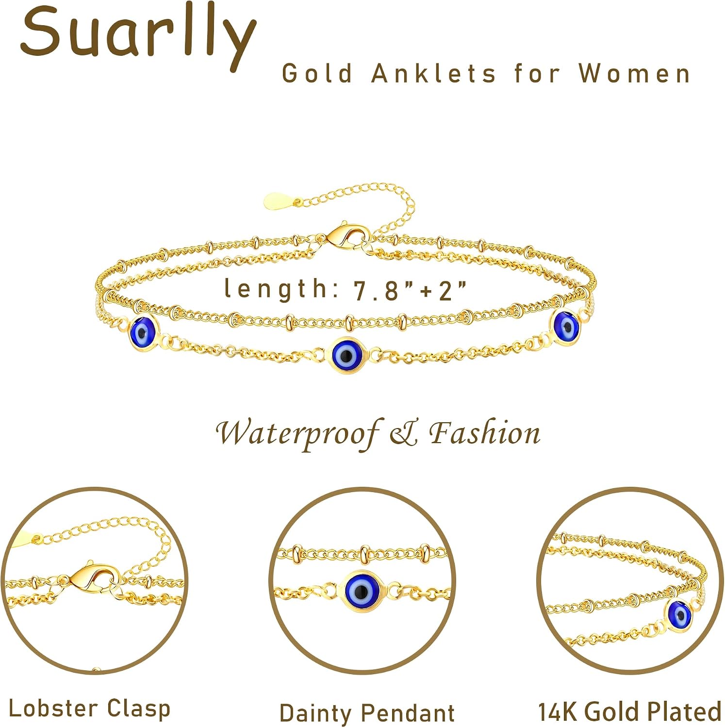 Suarlly Anklets for Women Waterproof 14K Gold Plated Beach Ankle Bracelets Dainty Summer Bow Clover Heart Evil Eye Anklet Non Tarnish Layered Beach Cz Jewelry Accessories for Women Trendy