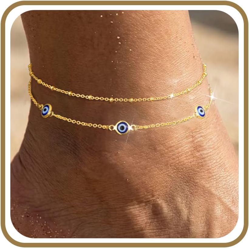 Suarlly Anklets for Women Waterproof 14K Gold Plated Beach Ankle Bracelets Dainty Summer Bow Clover Heart Evil Eye Anklet Non Tarnish Layered Beach Cz Jewelry Accessories for Women Trendy