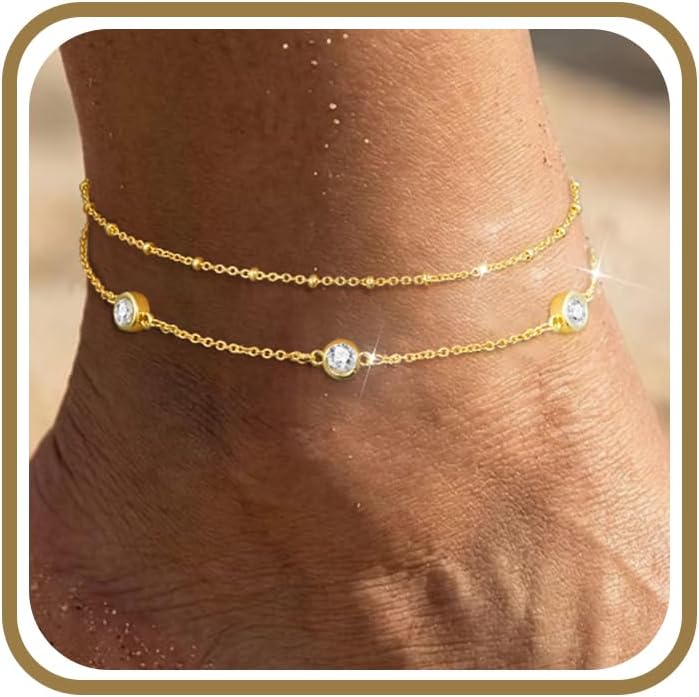 Suarlly Anklets for Women Waterproof 14K Gold Plated Beach Ankle Bracelets Dainty Summer Bow Clover Heart Evil Eye Anklet Non Tarnish Layered Beach Cz Jewelry Accessories for Women Trendy