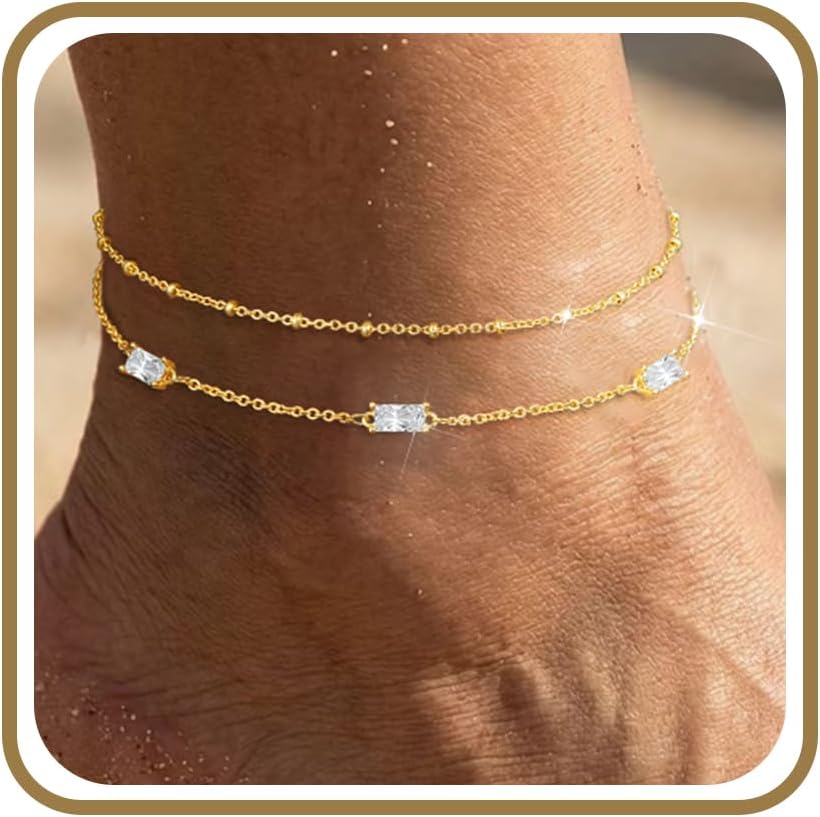 Suarlly Anklets for Women Waterproof 14K Gold Plated Beach Ankle Bracelets Dainty Summer Bow Clover Heart Evil Eye Anklet Non Tarnish Layered Beach Cz Jewelry Accessories for Women Trendy