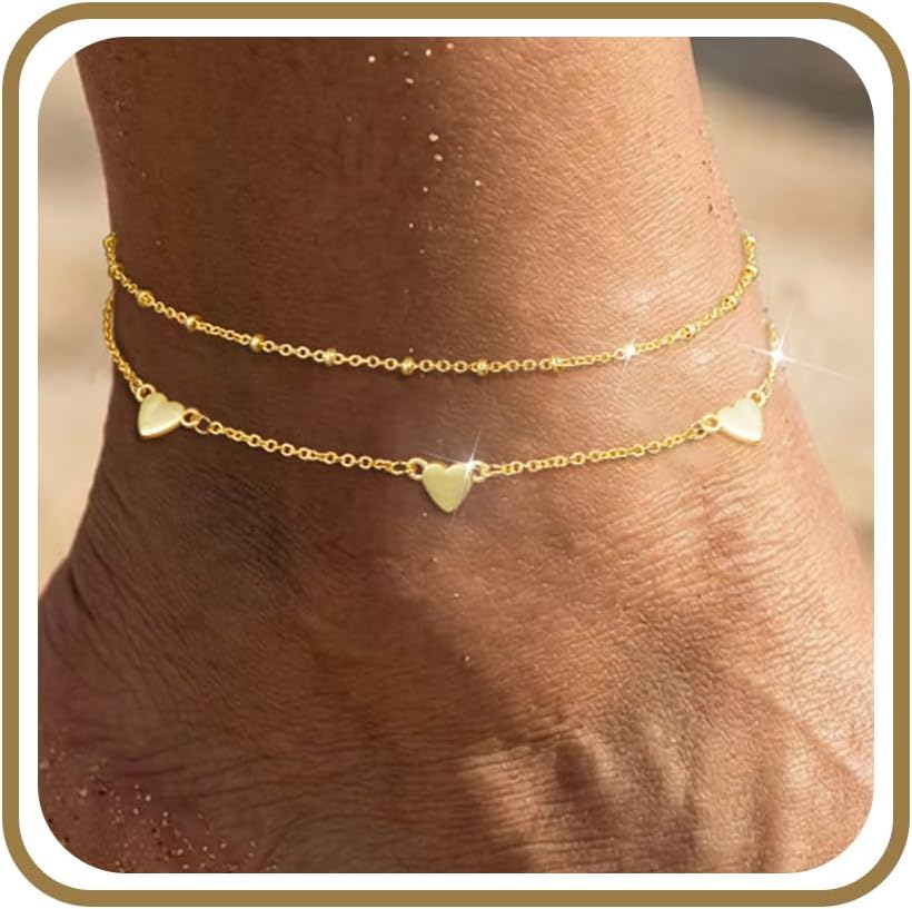 Suarlly Anklets for Women Waterproof 14K Gold Plated Beach Ankle Bracelets Dainty Summer Bow Clover Heart Evil Eye Anklet Non Tarnish Layered Beach Cz Jewelry Accessories for Women Trendy