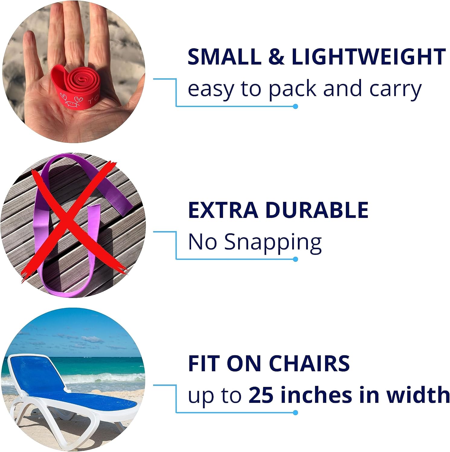 Towel Crabber Silicone Towel Bands for Beach Chairs (6 Pack) – Beach, Pool & Cruise Essentials, No Snap, Non-Bulky, Fits Most Pool & Lounge Chairs, A Smart Alternative to Towel Clips