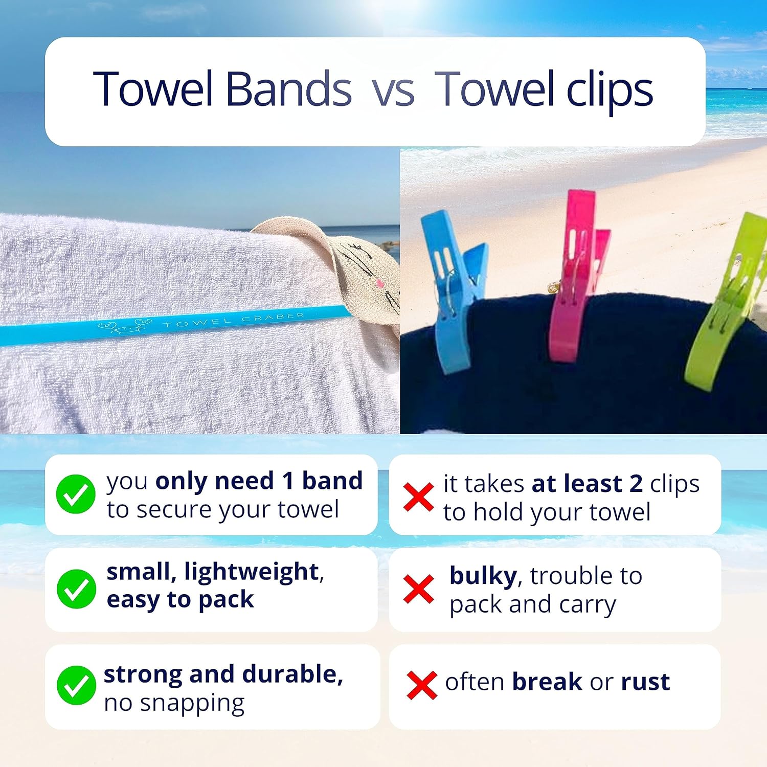 Towel Crabber Silicone Towel Bands for Beach Chairs (6 Pack) – Beach, Pool & Cruise Essentials, No Snap, Non-Bulky, Fits Most Pool & Lounge Chairs, A Smart Alternative to Towel Clips