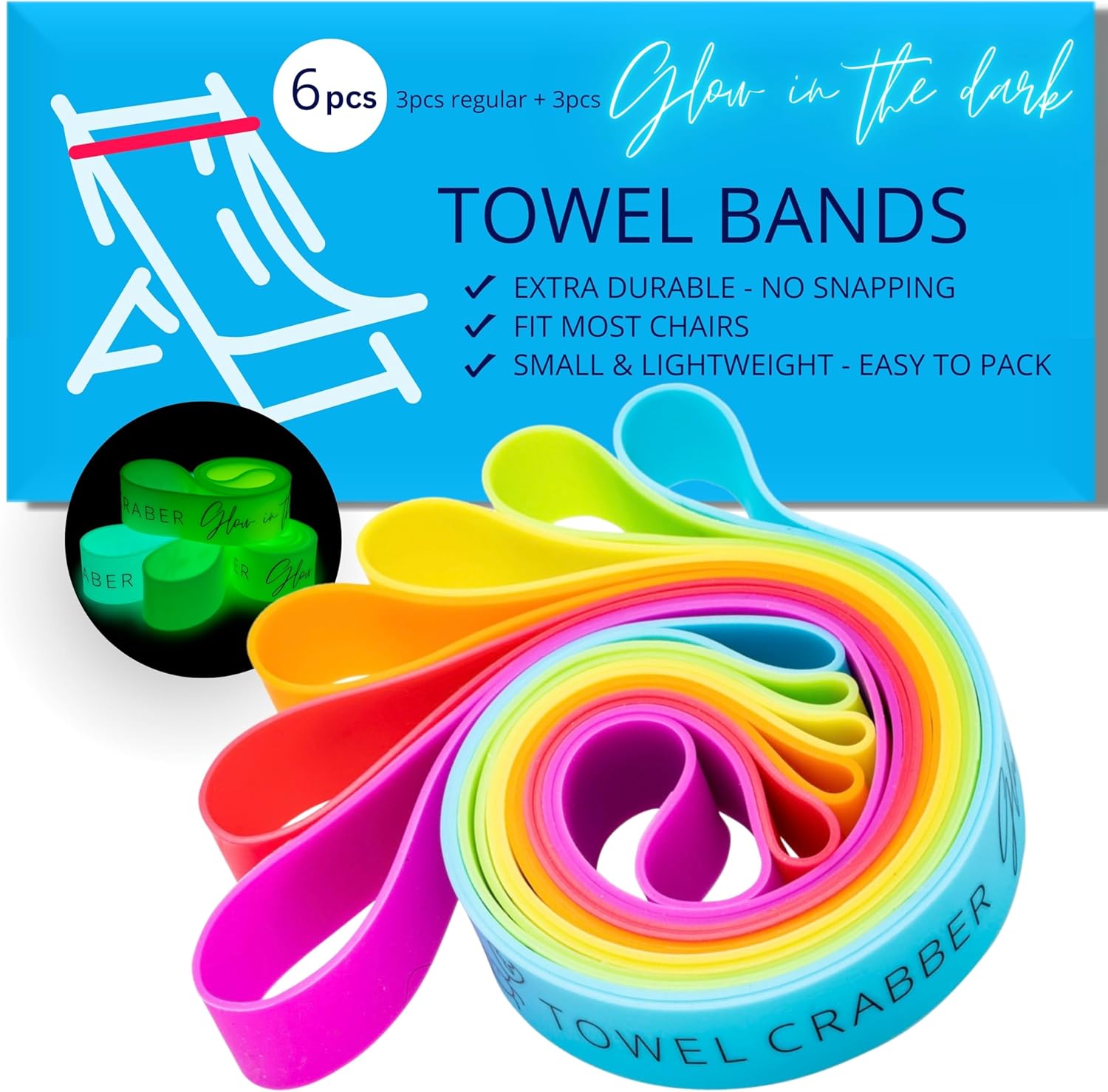 Towel Crabber Silicone Towel Bands for Beach Chairs (6 Pack) – Beach, Pool & Cruise Essentials, No Snap, Non-Bulky, Fits Most Pool & Lounge Chairs, A Smart Alternative to Towel Clips