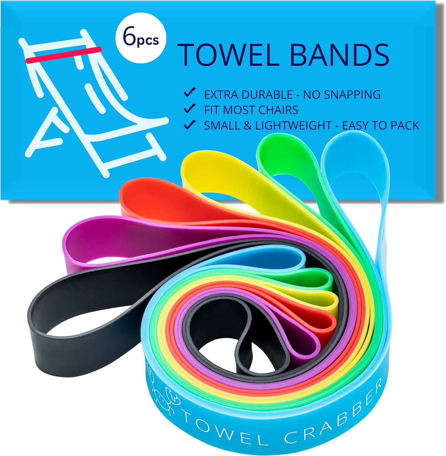 Towel Crabber Silicone Towel Bands for Beach Chairs (6 Pack) – Beach, Pool & Cruise Essentials, No Snap, Non-Bulky, Fits Most Pool & Lounge Chairs, A Smart Alternative to Towel Clips