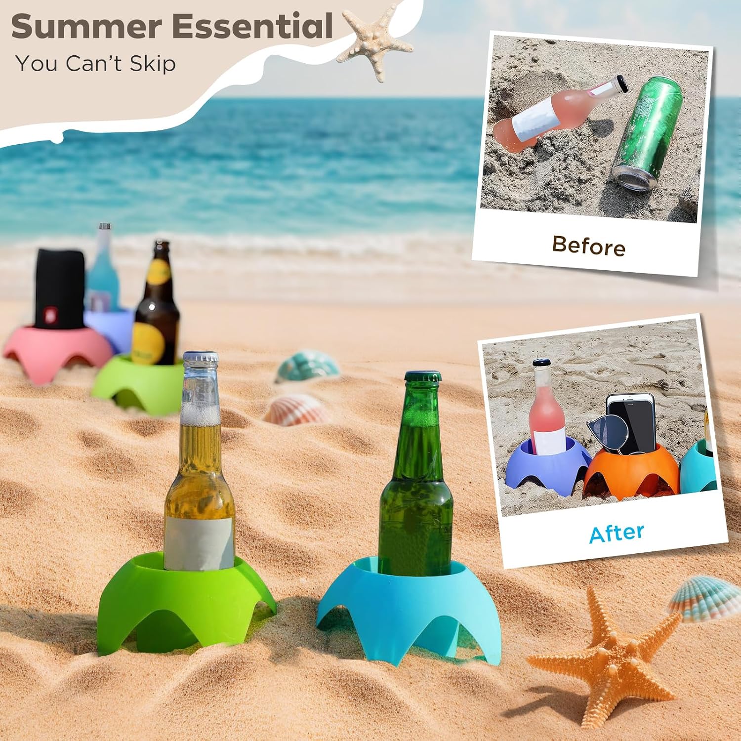 Uarzt Beach Vacation Essentials Accessories - Sand Coasters Drink Cup Holders, 5-Pack, Multicolor, Must-Haves for Women, Adults, Family, and Friends