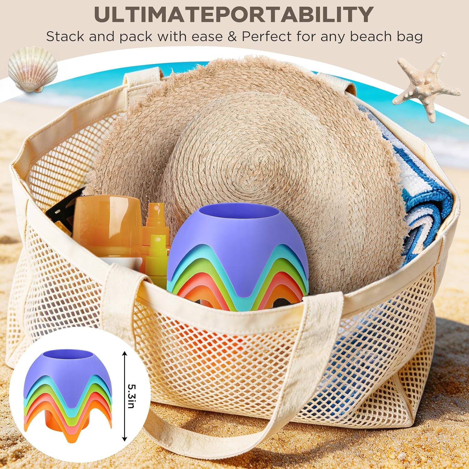 Uarzt Beach Vacation Essentials Accessories - Sand Coasters Drink Cup Holders, 5-Pack, Multicolor, Must-Haves for Women, Adults, Family, and Friends