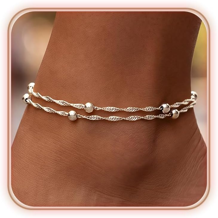 uniqtrue Layered Ankle Bracelets for Women Waterproof, 14K Gold/Silver Plated Cuban Chain Anklets Beaded Set Dainty Trendy Beach Summer Fashion Jewelry Gift
