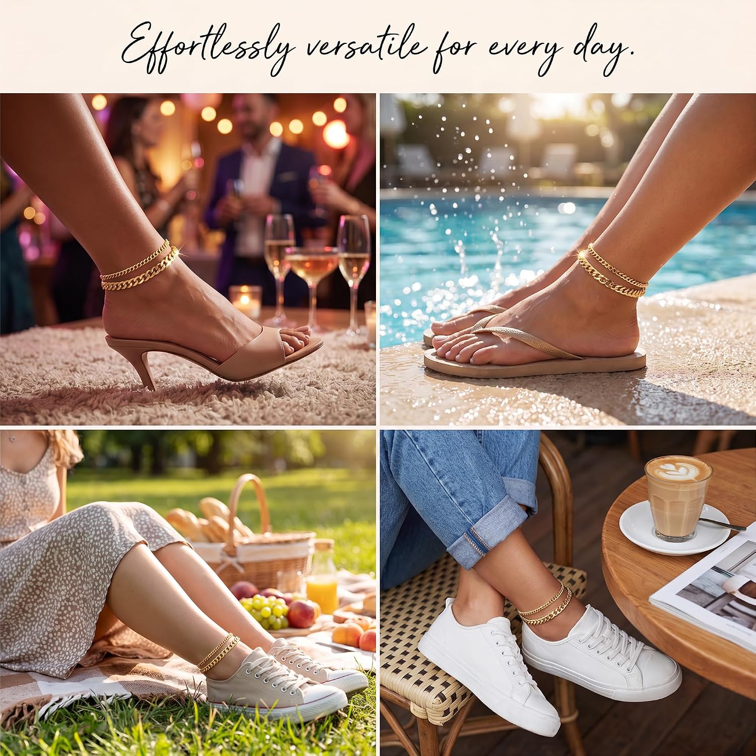 uniqtrue Layered Ankle Bracelets for Women Waterproof, 14K Gold/Silver Plated Cuban Chain Anklets Beaded Set Dainty Trendy Beach Summer Fashion Jewelry Gift