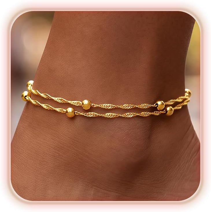uniqtrue Layered Ankle Bracelets for Women Waterproof, 14K Gold/Silver Plated Cuban Chain Anklets Beaded Set Dainty Trendy Beach Summer Fashion Jewelry Gift