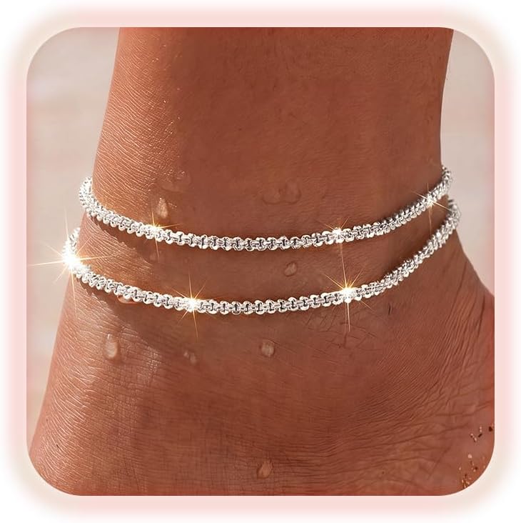 uniqtrue Layered Ankle Bracelets for Women Waterproof, 14K Gold/Silver Plated Cuban Chain Anklets Beaded Set Dainty Trendy Beach Summer Fashion Jewelry Gift
