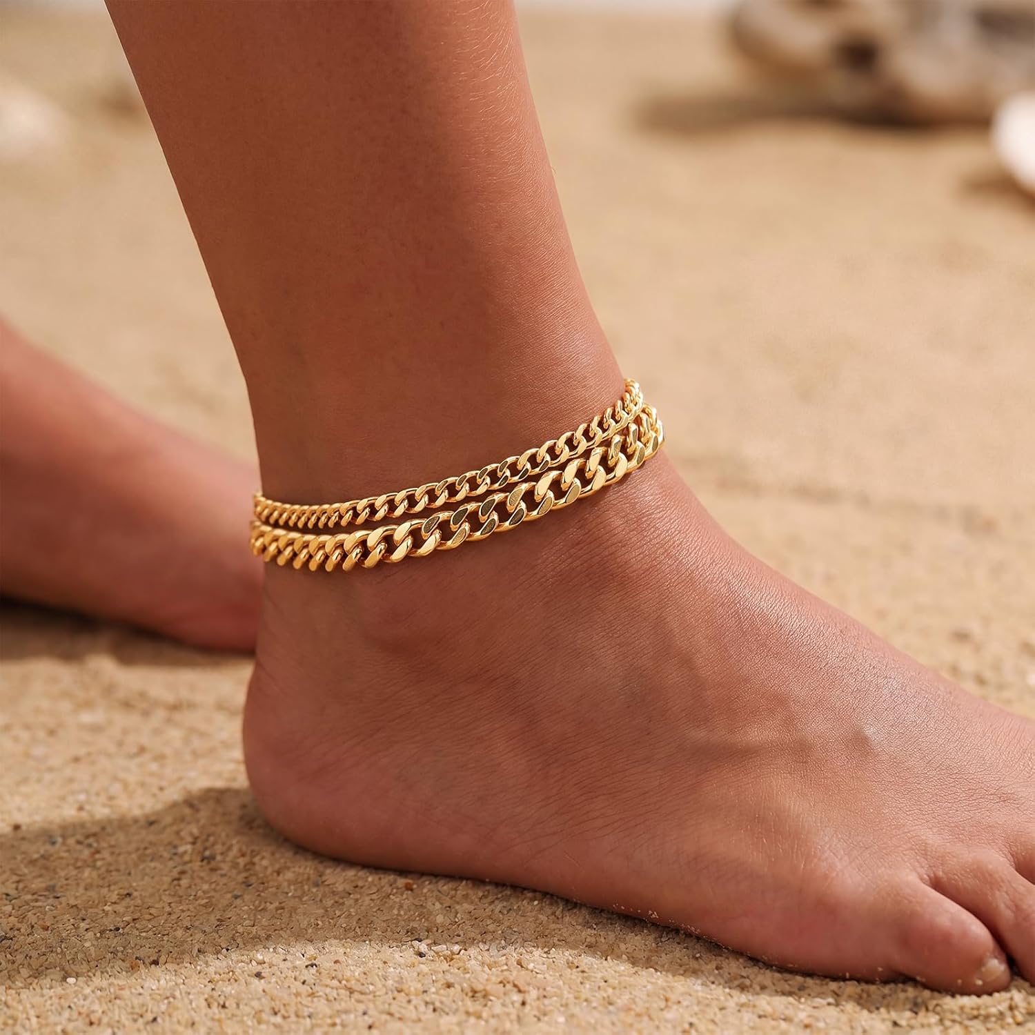 uniqtrue Layered Ankle Bracelets for Women Waterproof, 14K Gold/Silver Plated Cuban Chain Anklets Beaded Set Dainty Trendy Beach Summer Fashion Jewelry Gift