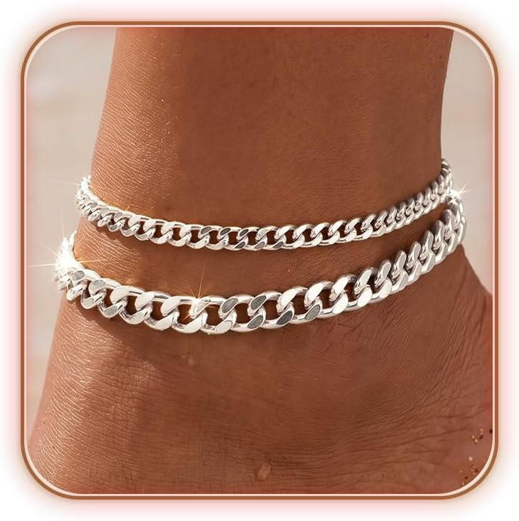 uniqtrue Layered Ankle Bracelets for Women Waterproof, 14K Gold/Silver Plated Cuban Chain Anklets Beaded Set Dainty Trendy Beach Summer Fashion Jewelry Gift