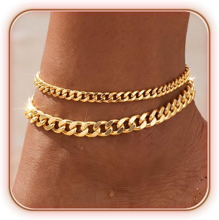 uniqtrue Layered Ankle Bracelets for Women Waterproof, 14K Gold/Silver Plated Cuban Chain Anklets Beaded Set Dainty Trendy Beach Summer Fashion Jewelry Gift