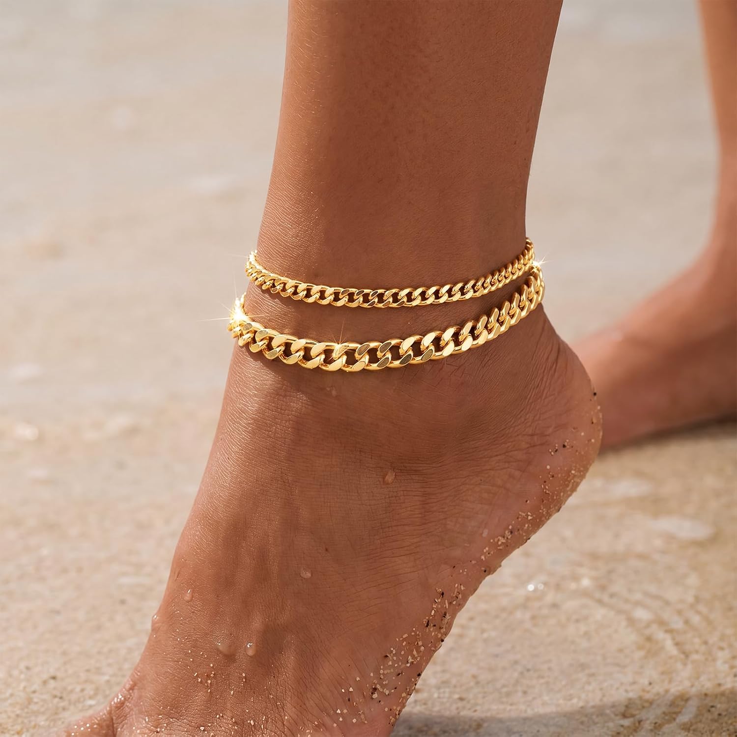 uniqtrue Layered Ankle Bracelets for Women Waterproof, 14K Gold/Silver Plated Cuban Chain Anklets Beaded Set Dainty Trendy Beach Summer Fashion Jewelry Gift