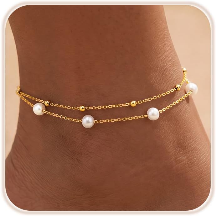 uniqtrue Layered Ankle Bracelets for Women Waterproof, 14K Gold/Silver Plated Cuban Chain Anklets Beaded Set Dainty Trendy Beach Summer Fashion Jewelry Gift