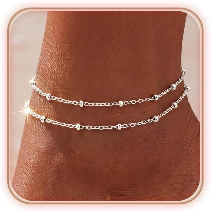 uniqtrue Layered Ankle Bracelets for Women Waterproof, 14K Gold/Silver Plated Cuban Chain Anklets Beaded Set Dainty Trendy Beach Summer Fashion Jewelry Gift